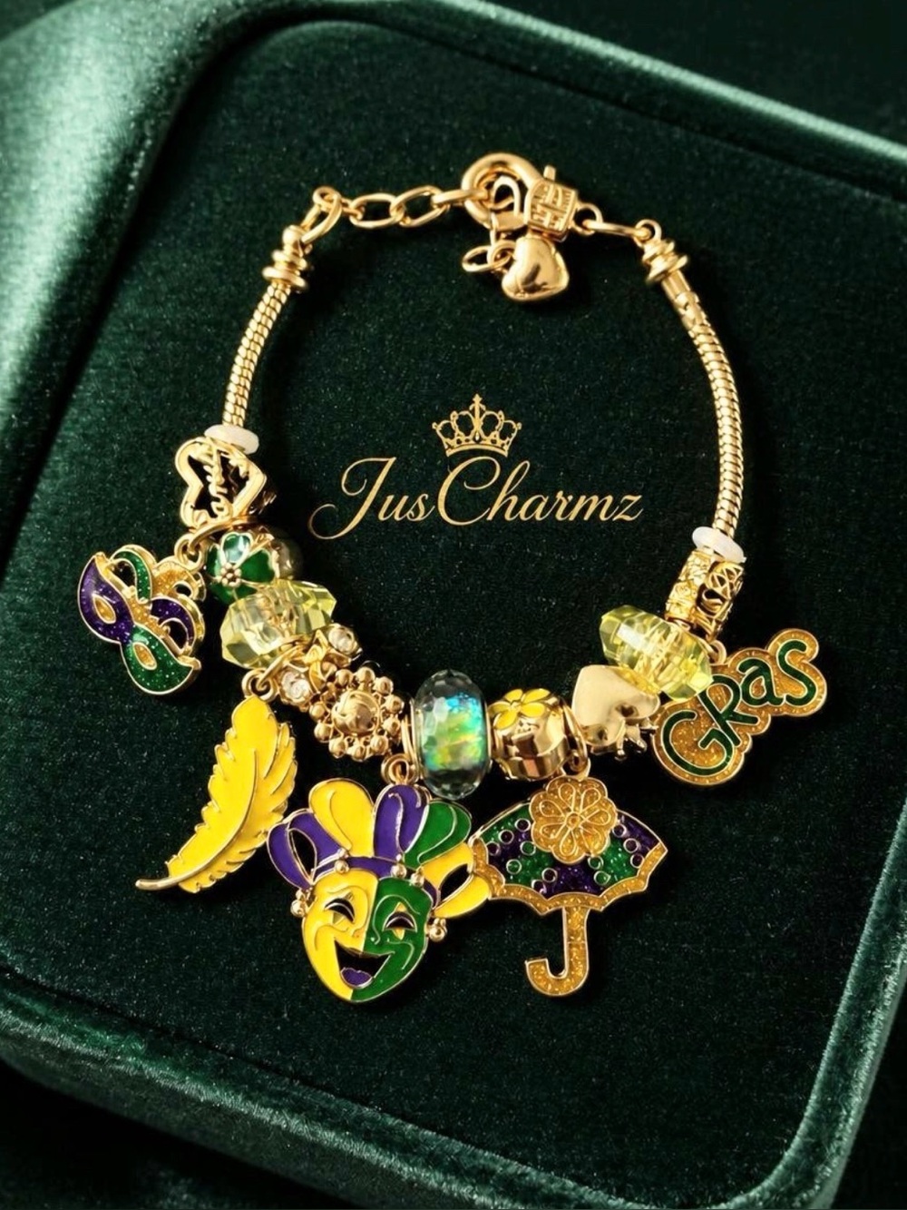 Mardi Gras Enamel & Gold Charm Bracelet - Yellow Green Purple